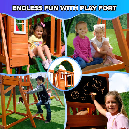 Sportspower Amelia Wooden Swing Set with 2-Person Saucer Swing, 6' Blow Molded Slide, Swing, Play Fort, Heavy Duty Double A-Frame, Lifetime Warranty on Slide