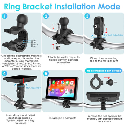 Carpuride Motorcycle HD Dual 1080P Dash Cam, Wireless Apple CarPlay & Android Auto Wire Control, Horizontal  Vertical Rotation 7" Touch Screen (712D)