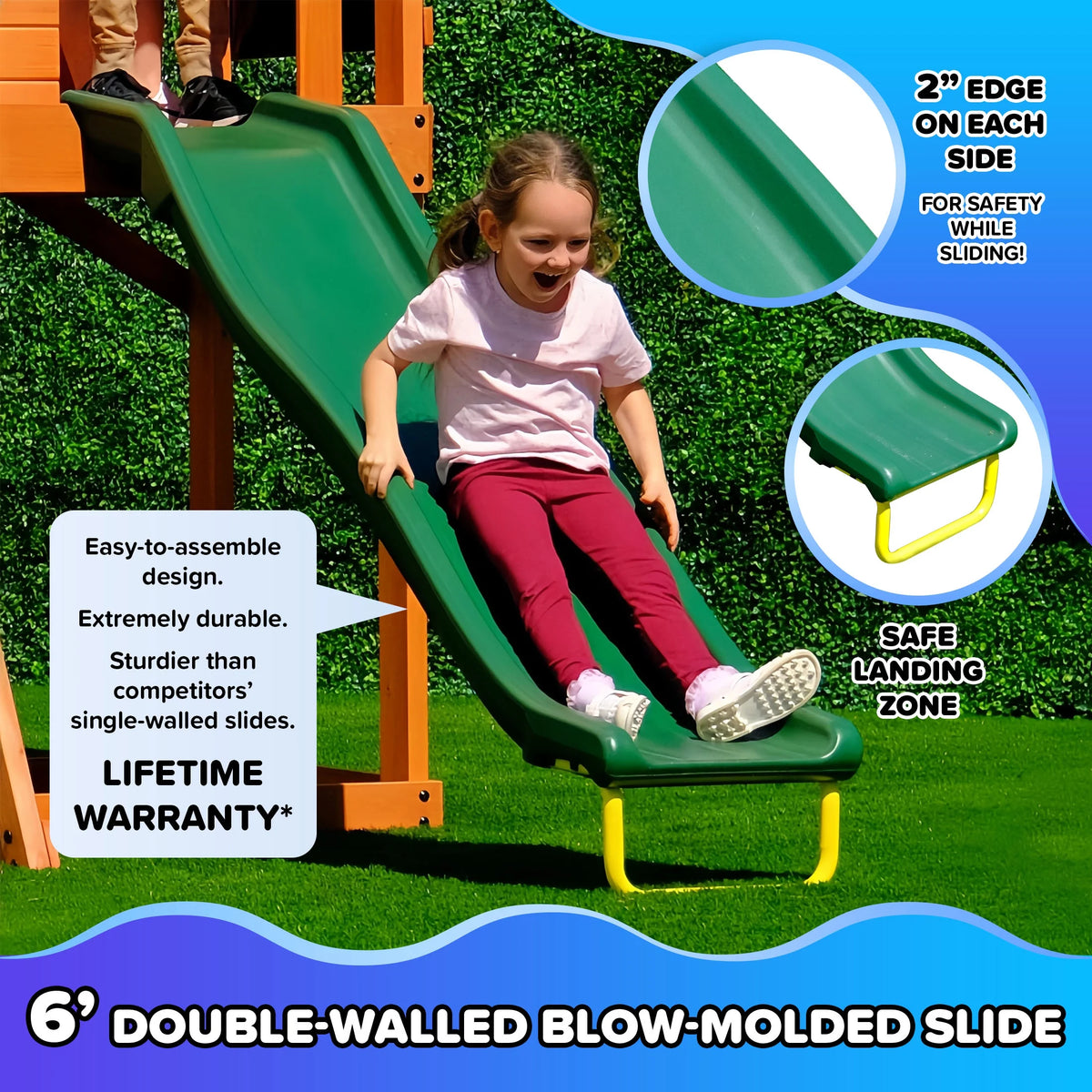 Sportspower Amelia Wooden Swing Set with 2-Person Saucer Swing, 6' Blow Molded Slide, Swing, Play Fort, Heavy Duty Double A-Frame, Lifetime Warranty on Slide