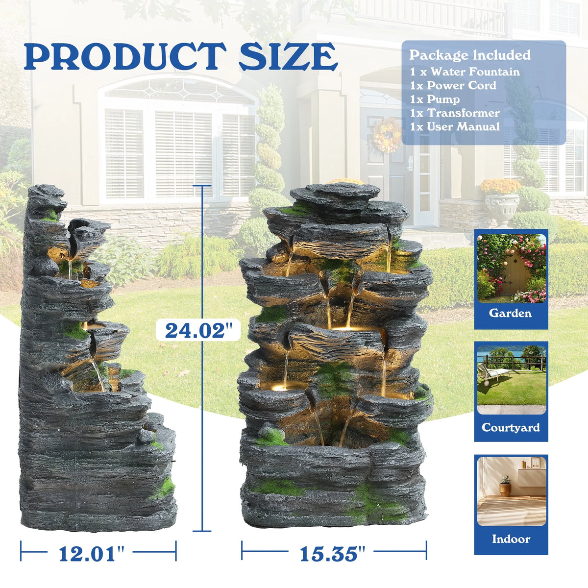 Magic Union 7-Tier Cascading Rock Water Fountain, 24" H Outdoor Freestanding Fountain with LED Lights and Pump, Outdoor Garden Waterfall Decor for Patio, Yard and Deck Decor, Natural Stone Look