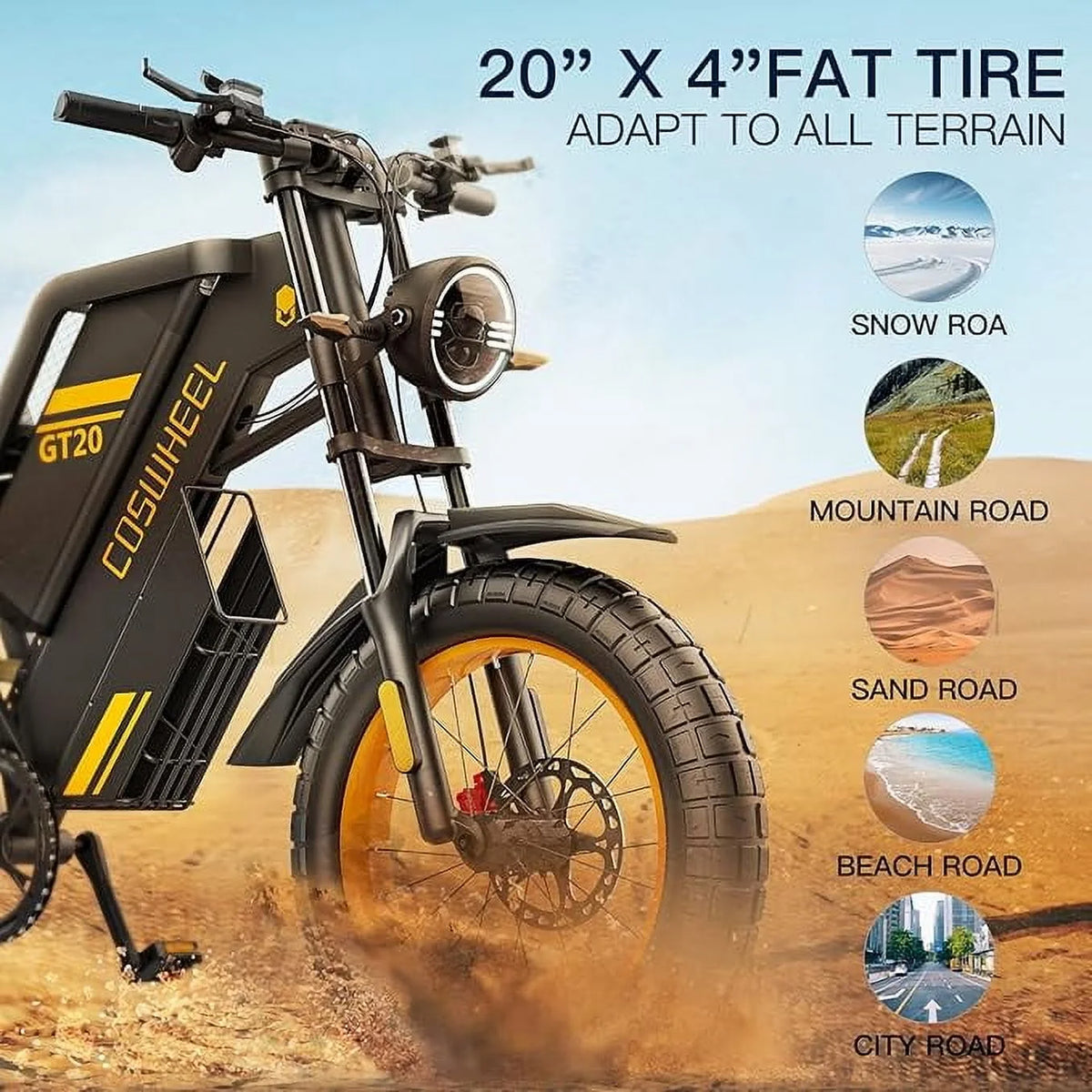 COSWHE GT20 Electric Bike for Adults, Electric Dirt Bike with 1500W Motor 48V/25Ah Removable Battery, Up to 31MPH & 93 Miles, Electric Motorcycle with 7-Speed, 20" x 4.0 Fat Tire Ebikes for Adults
