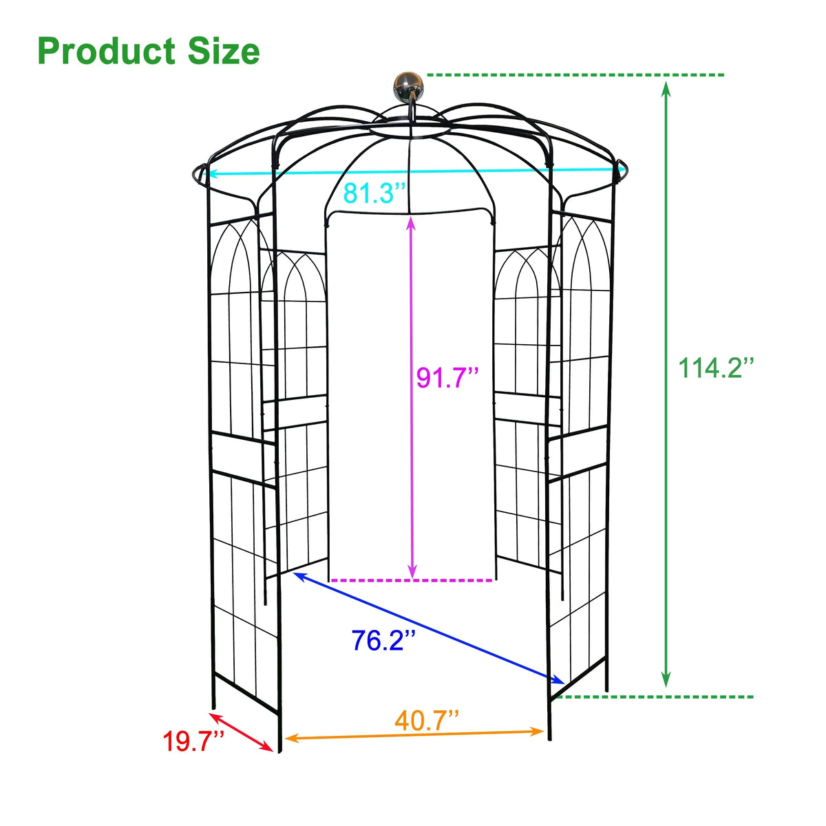 Metal Garden Arch Iron Garden Arbors Gazebo Dia81.3'' x 114.2'' High Birdcage Shape Pergola Pavilion for Wedding Ceremony Outdoor Black