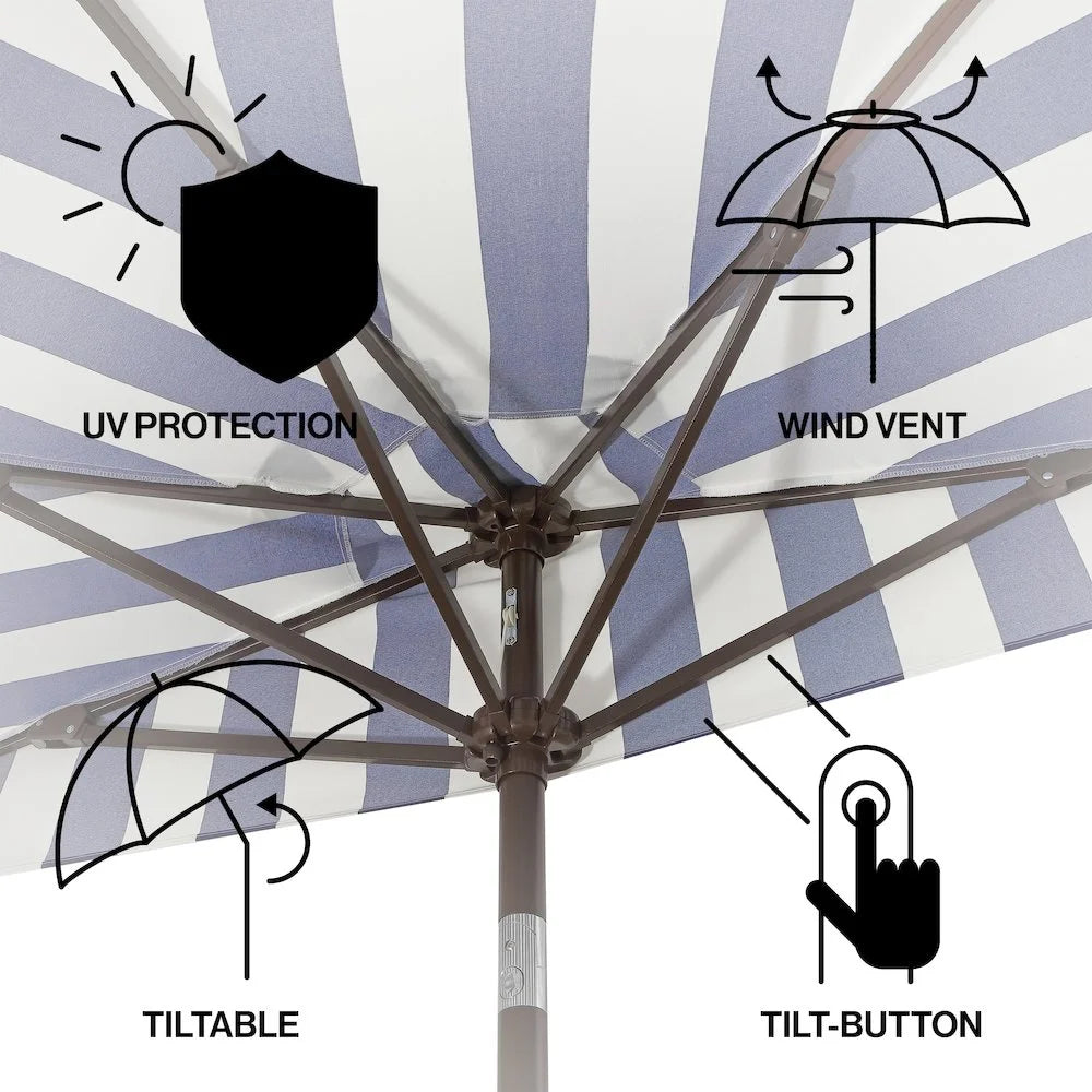 JONATHAN Y Beverly 9 ft. Half Market Patio Umbrella, Designer Classic Scalloped Fringe with Crank, Tilt Button and UV Protection, Blue/White/Cream, Dark Brown Pole