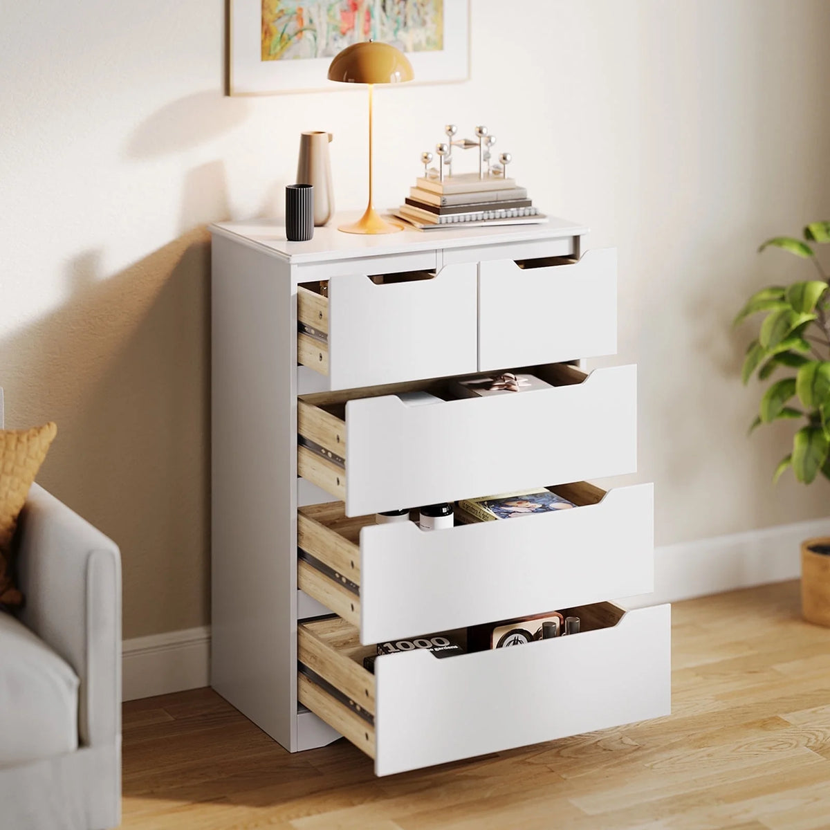 6 Drawer White Dresser,Lofka Modern Wood Double Chest, Versatile Dressers for Bedroom Office Living Room