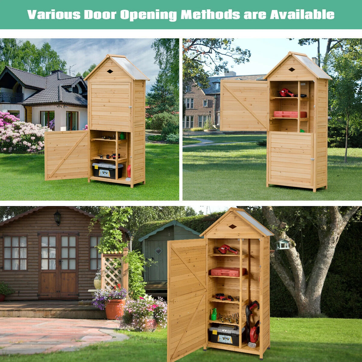 Gymax Outdoor Storage Shed Lockable Wooden Garden Tool Storage Cabinet W/ Shelves