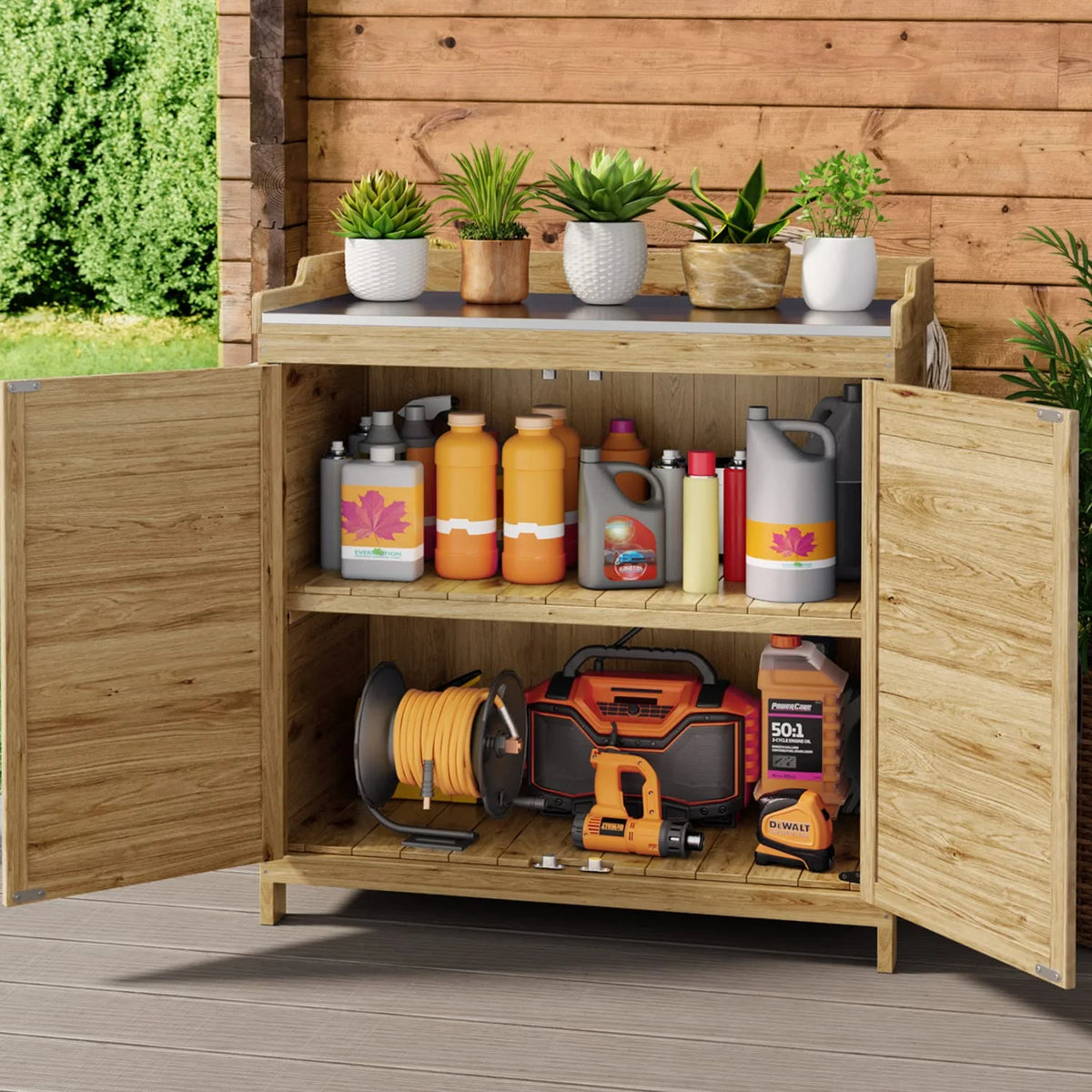 Lofka Outdoor Storage Cabinet, Outdoor Potting Bench Table with Removable Shelves for Yard, Garden,  Waterproof Wood