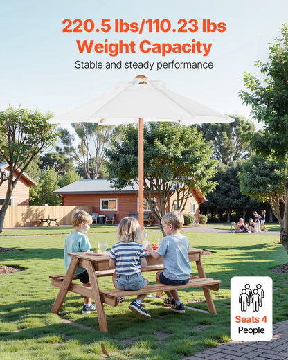 VEVOR Kids Picnic Table with Umbrella, 3-in-1 Sand & Water Table, Outdoor Wooden Table and Bench Set with 2 Trays, 4-People Patio Dining Furniture for Garden, Backyard and Porch (Walnut)