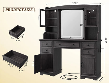 EnHomee Farmhouse Vanity Desk with Mirror and Lights White Vanity with Lighted Mirror Makeup Vanity Set with RGB Cabinets and Storage Drawers