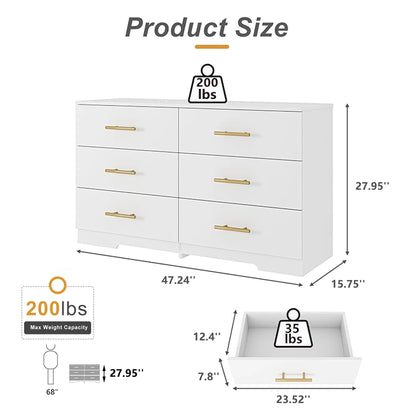 Kadyn White Chest of Drawer, 6 Double Drawer Dresser for Bedroom, Modern Storage Cabinet for Living Room, Dresser