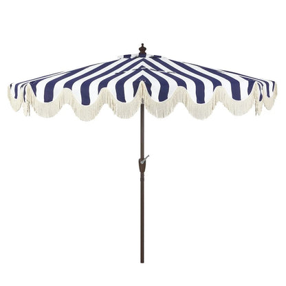 JONATHAN Y Beverly 9 ft. Half Market Patio Umbrella, Designer Classic Scalloped Fringe with Crank, Tilt Button and UV Protection, Blue/White/Cream, Dark Brown Pole