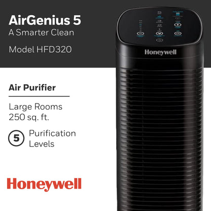 Honeywell Air Genius 5 Air Purifier with Washable Filter, Large Rooms, 250 sq ft, Black, HFD320