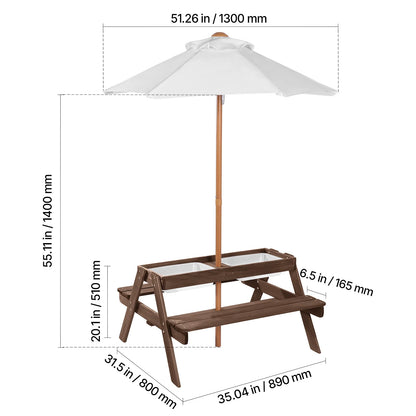 VEVOR Kids Picnic Table with Umbrella, 3-in-1 Sand & Water Table, Outdoor Wooden Table and Bench Set with 2 Trays, 4-People Patio Dining Furniture for Garden, Backyard and Porch (Walnut)