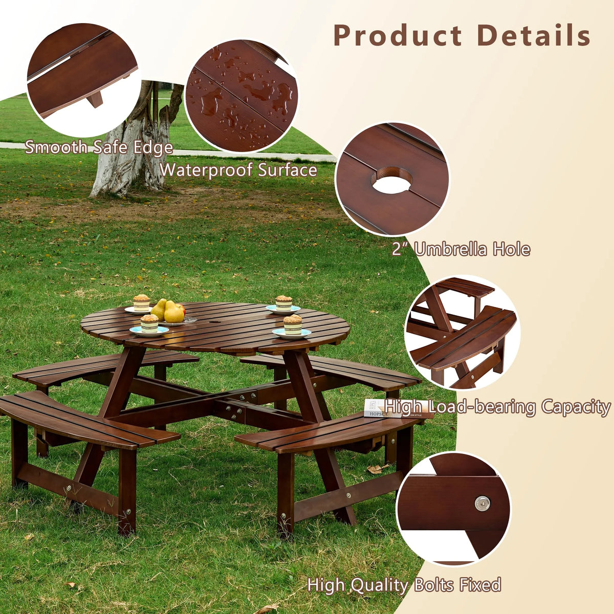8 Person Wood Picnic Table, Outdoor Round Picnic Table with 4 Built-in Benches, Umbrella Hole, Outside Table and Bench Set for Patio, Backyard, 500lbs Capacity Per Bench