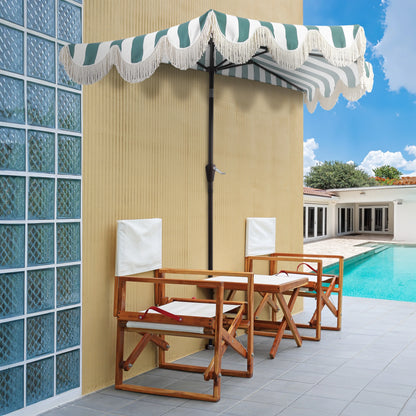 JONATHAN Y Beverly 9 ft. Half Market Patio Umbrella, Designer Classic Scalloped Fringe with Crank, Tilt Button and UV Protection, Blue/White/Cream, Dark Brown Pole