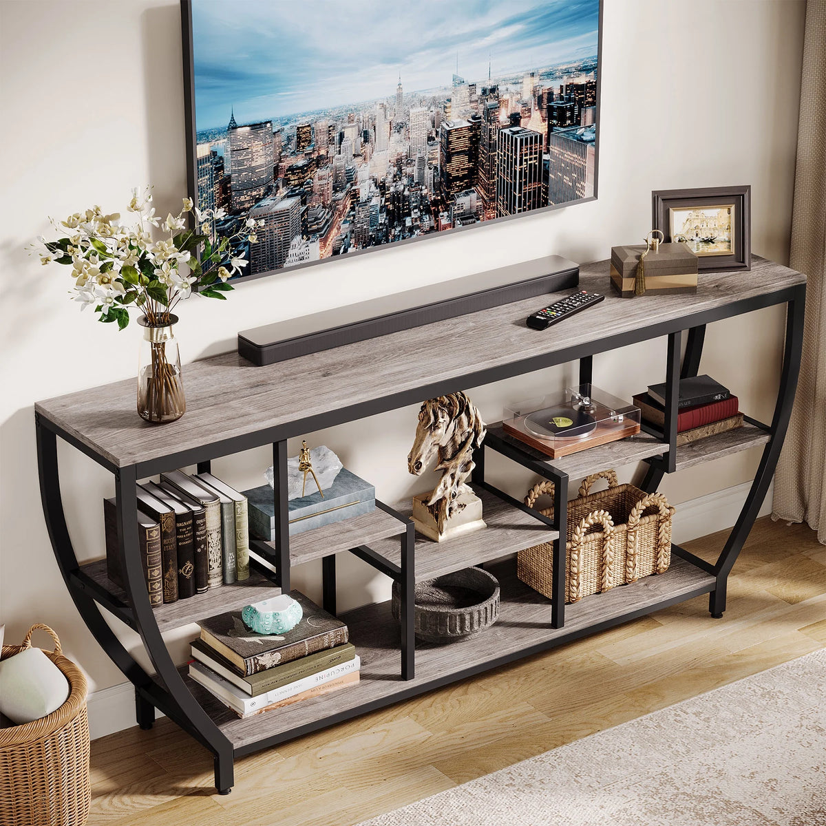 Tribesigns 70.9 Inch Entertainment Center with Storage Shelves, 70.9 Inch TV Stand for Television up to 80 Inches, Wood TV Media Console Table Unit for Living Room, Bedroom,Gray