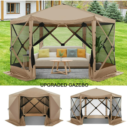COBIZI 12x12 Pop Up Canopy Gazebo, Outdoor Canopy Tent Screen House with 5 sidewalls and Netting for Camping, Waterproof, UV Resistant, Ez Set-up Party Tent with Carrying Bag and Ground Stakes,Brown