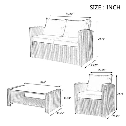 4 Pieces Patio Conversation Set, Outdoor Furniture Set with Cushion, Outside Sectional Rattan Wicker Sofa Furniture Set for Garden, Porch, Backyard, Gray