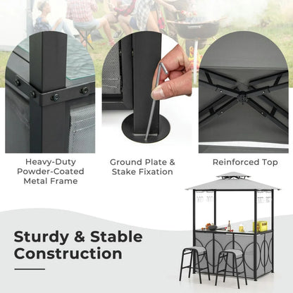 Aimee Lii 3-Piece Patio Bar Set Grill Patio Canopy & 2 Bar Stools with Tempered Glass Bar Table, Modern Patio Furniture for Outdoor Backyard Pool Deck-Brown