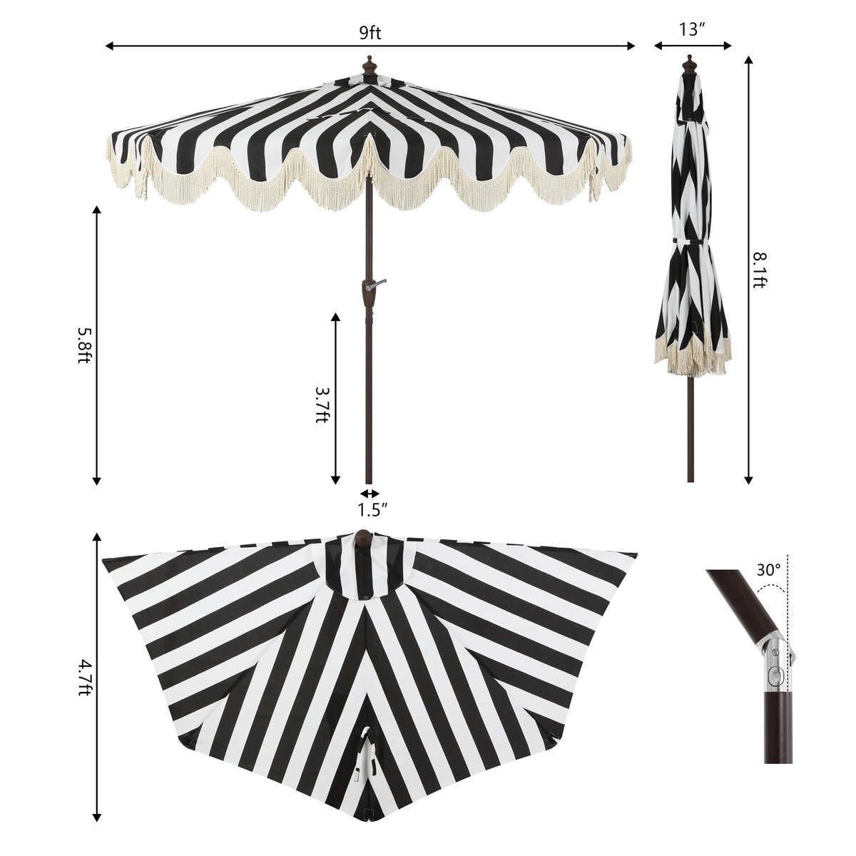 JONATHAN Y Beverly 9 ft. Half Market Patio Umbrella, Designer Classic Scalloped Fringe with Crank, Tilt Button and UV Protection, Blue/White/Cream, Dark Brown Pole