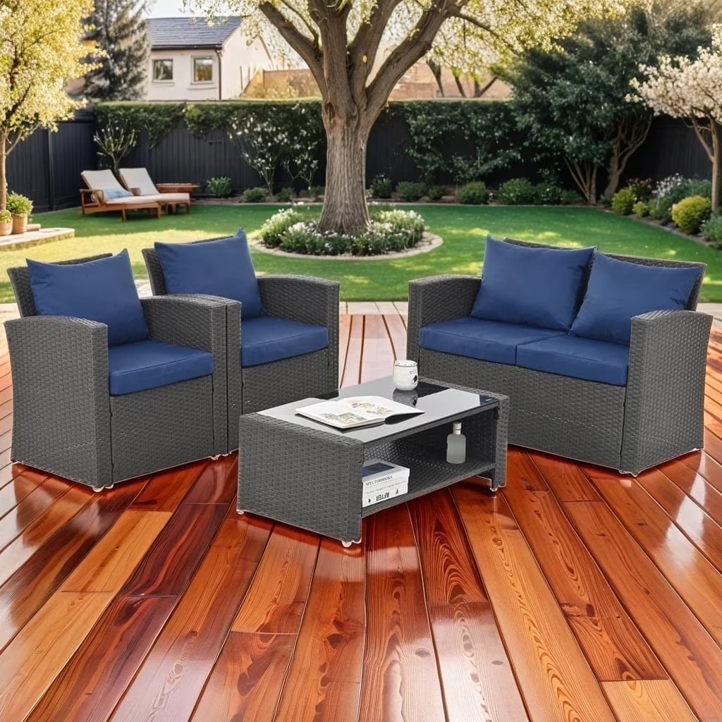 4 Pieces Patio Conversation Set, Outdoor Furniture Set with Cushion, Outside Sectional Rattan Wicker Sofa Furniture Set for Garden, Porch, Backyard, Gray