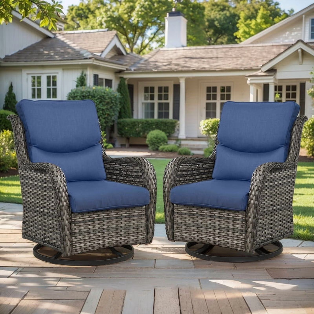 Gymojoy Outdoor Rocking Chairs Set of 2, All Weather PE Wicker Swivel Patio Glider Chairs, Garden Outdoor Furniture Set for Backyard Deck,Blue