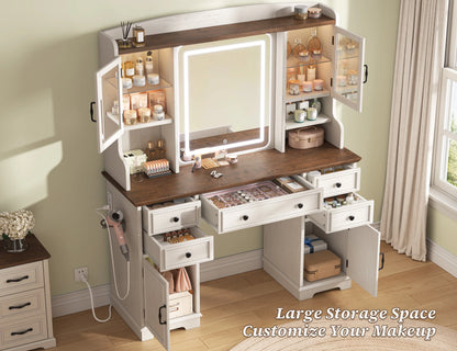 EnHomee Farmhouse Vanity Desk with Mirror and Lights White Vanity with Lighted Mirror Makeup Vanity Set with RGB Cabinets and Storage Drawers