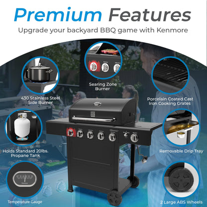 Kenmore BBQ Propane Gas Grill - 5 Burners with Side Burner & Searing Zone, 644 Sq. In. Stainless Steel Grill, 66,000 BTU, Ideal for Outdoor Cooking, Patio & Backyard, Black