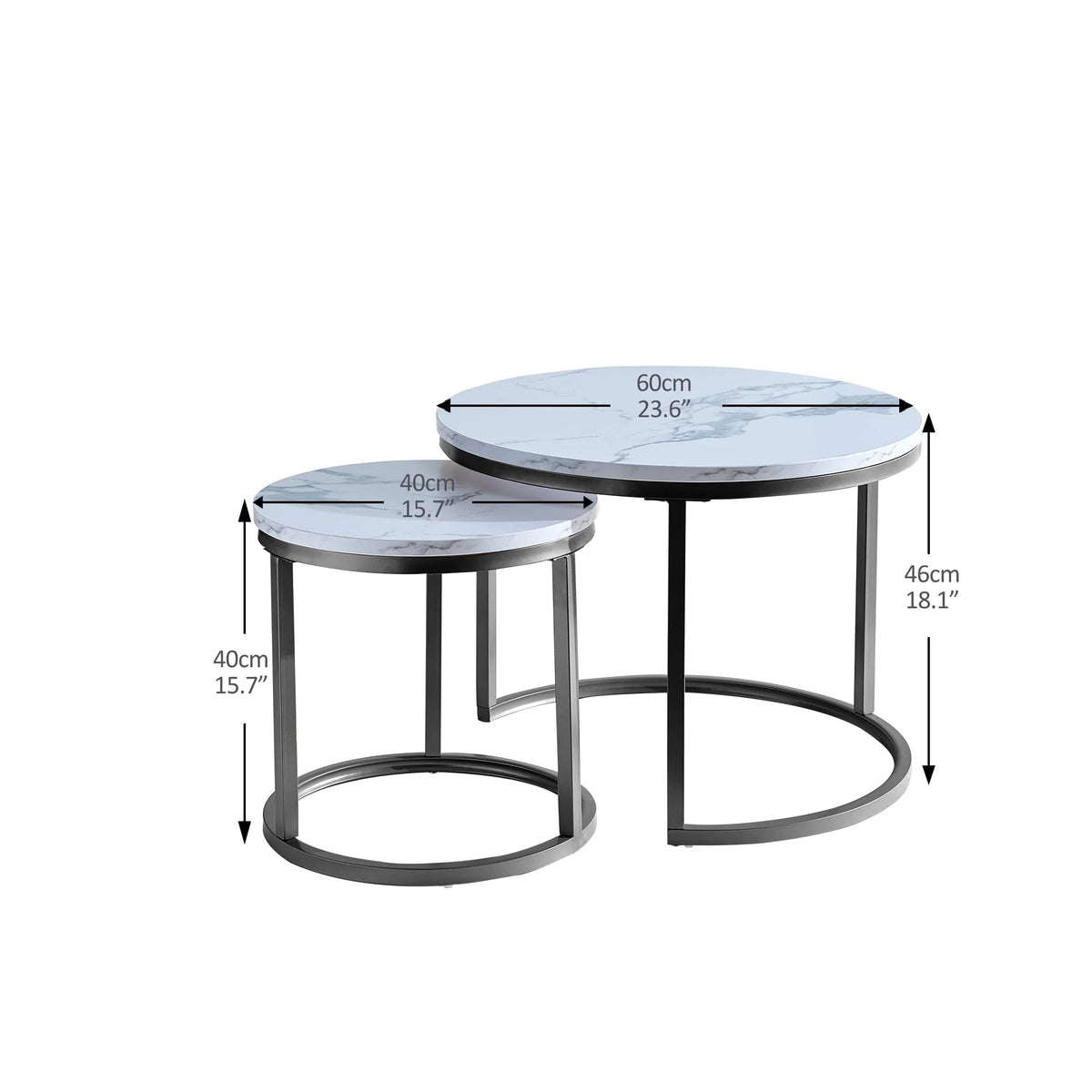 SYNGAR 2 Pieces Modern Nesting Coffee Table, Round Cocktail Table with Marble Grain and Metal Frame, Easy to Assemble, Living Room Center Table Sofa Side Table Can be Used Individually, Black