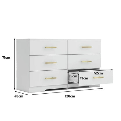 Kadyn White Chest of Drawer, 6 Double Drawer Dresser for Bedroom, Modern Storage Cabinet for Living Room, Dresser