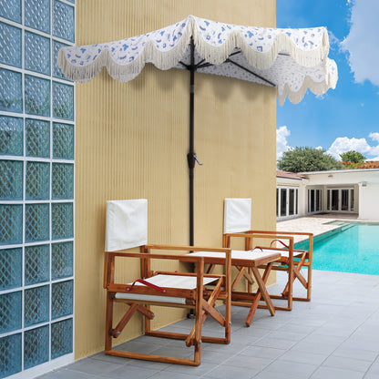 JONATHAN Y Beverly 9 ft. Half Market Patio Umbrella, Designer Classic Scalloped Fringe with Crank, Tilt Button and UV Protection, Blue/White/Cream, Dark Brown Pole