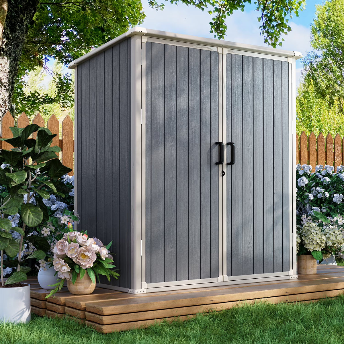 Sunmthink 5.0' X 3.1' Resin Outdoor Shed with Base Frame, Plastic Shed with Lockable Door, for Garden, Ptaio, Backyard, Gray