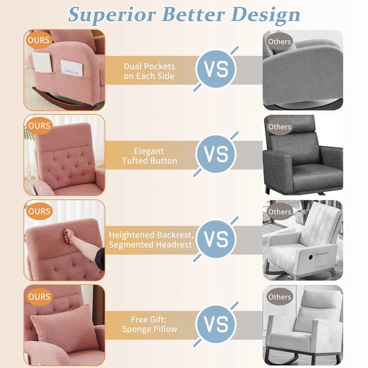 Ktaxon Rocking Accent Chair Glider Reading Chair Comfy Teddy Velvet Upholstered Single Sofa Rocker for Living Room, Nursery, Bedroom Beige
