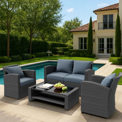 4 Pieces Patio Conversation Set, Outdoor Furniture Set with Cushion, Outside Sectional Rattan Wicker Sofa Furniture Set for Garden, Porch, Backyard, Gray