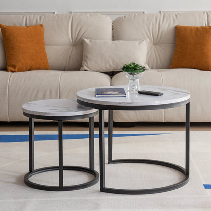 SYNGAR 2 Pieces Modern Nesting Coffee Table, Round Cocktail Table with Marble Grain and Metal Frame, Easy to Assemble, Living Room Center Table Sofa Side Table Can be Used Individually, Black