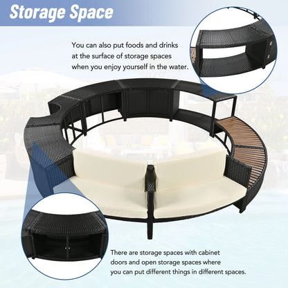 Round Hot Tub Surround Furniture, Spa Surround Outdoor Rattan Sectional Sofa Set with Mini Sofa, Solid Acacia Wood Hot Tub Storage Surround Patio Furniture Set, Gray Cushion