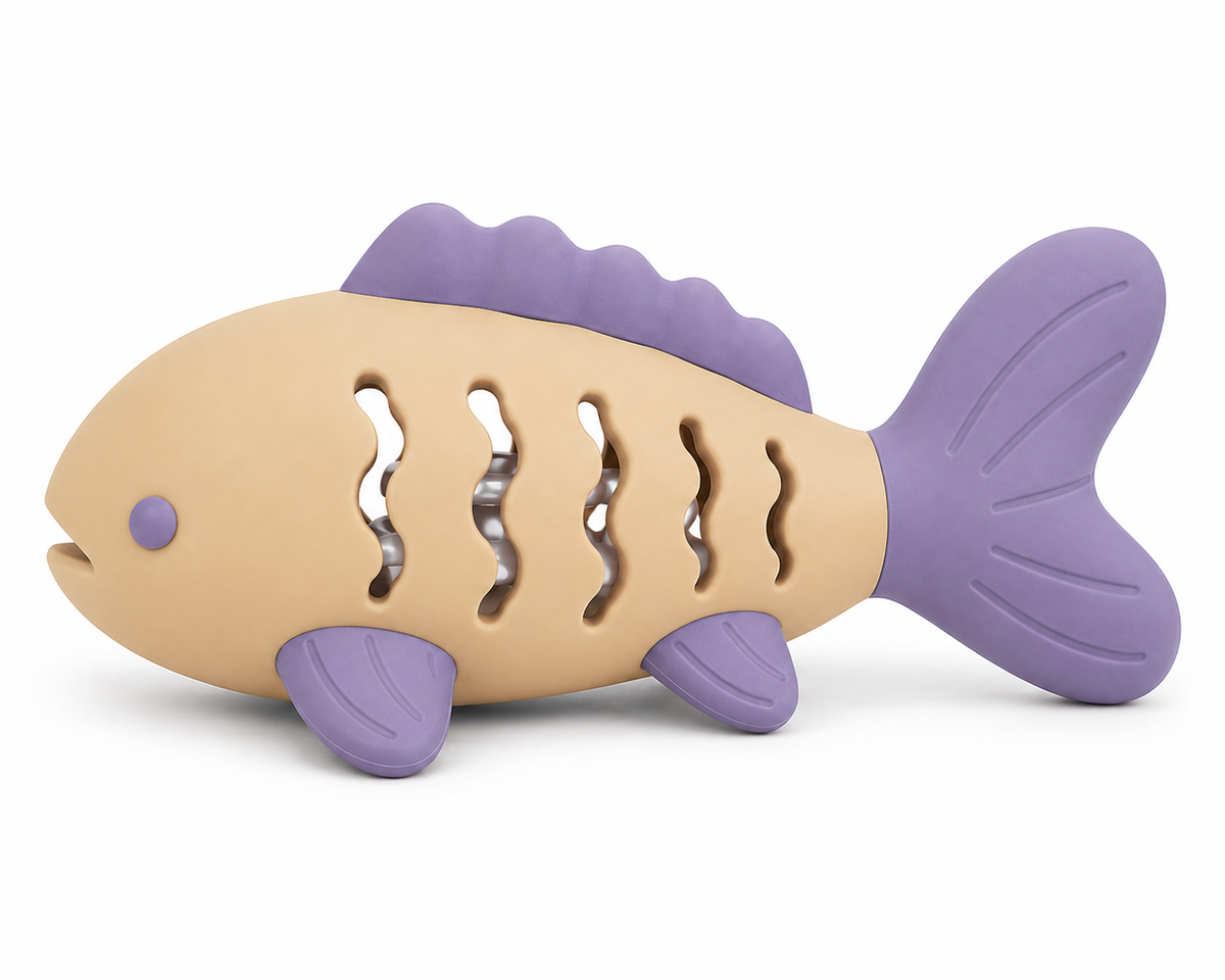 Beige and Purple Fish-Shaped Cat Activity Toy with Wavy Openings