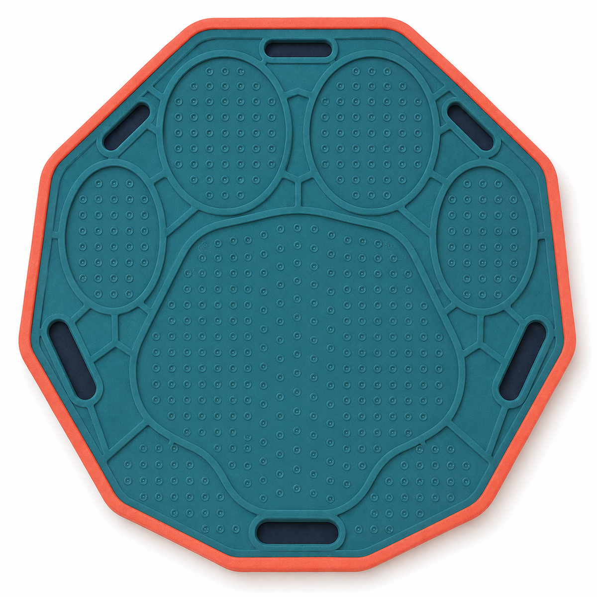 Teal and Coral Multi-Section Dog Feeding Mat – Paw-Shaped Bowl and Textured Licking Area