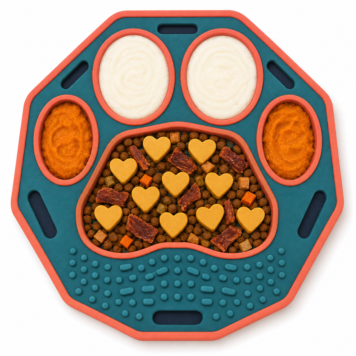 Teal and Coral Multi-Section Dog Feeding Mat – Paw-Shaped Bowl and Textured Licking Area
