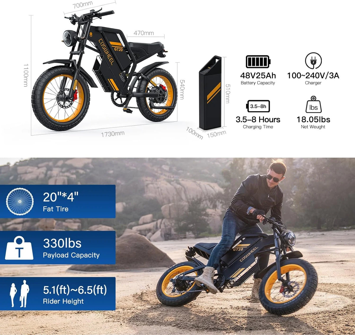 COSWHE GT20 Electric Bike for Adults, Electric Dirt Bike with 1500W Motor 48V/25Ah Removable Battery, Up to 31MPH & 93 Miles, Electric Motorcycle with 7-Speed, 20" x 4.0 Fat Tire Ebikes for Adults