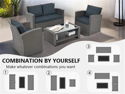 4 Pieces Patio Conversation Set, Outdoor Furniture Set with Cushion, Outside Sectional Rattan Wicker Sofa Furniture Set for Garden, Porch, Backyard, Gray