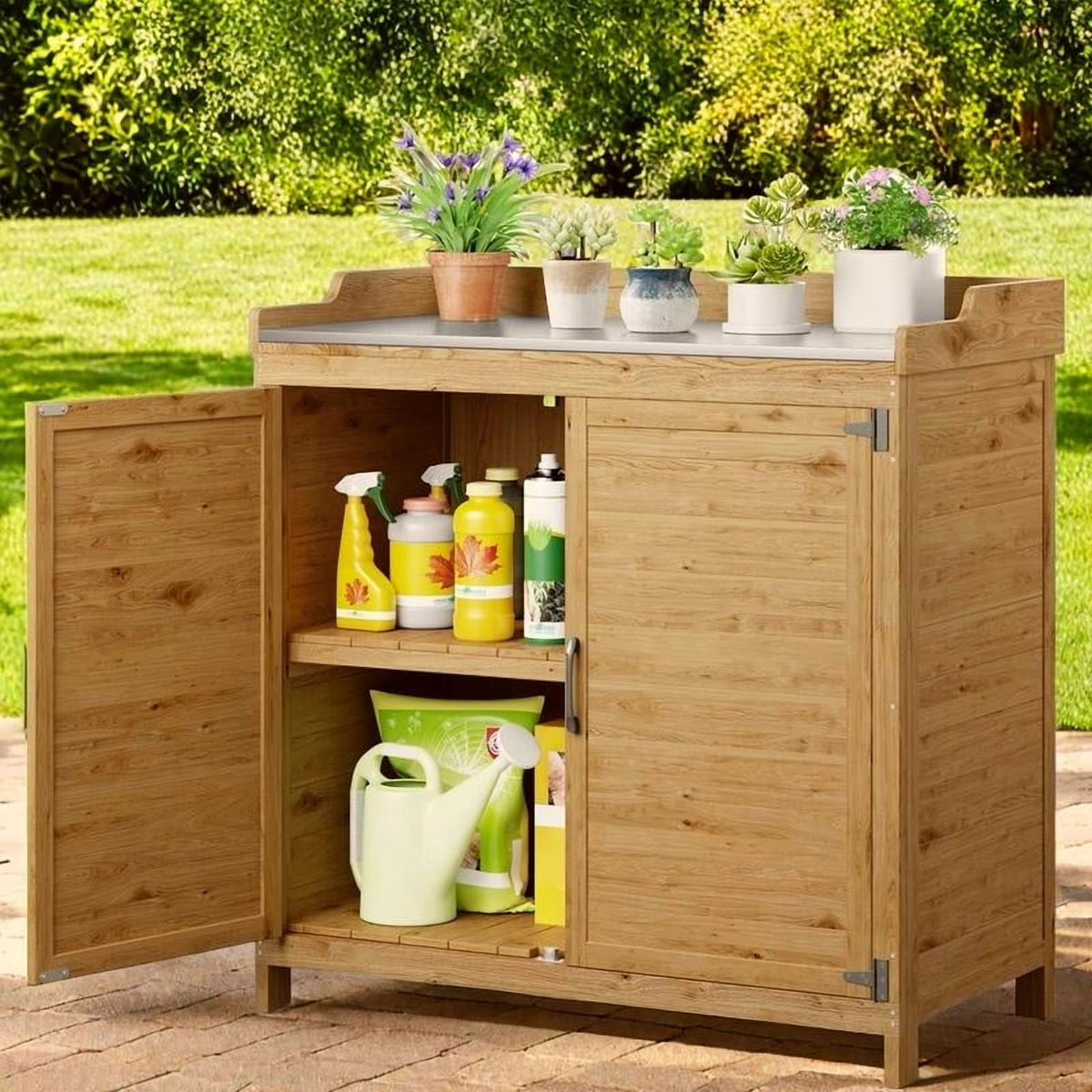 Lofka Outdoor Storage Cabinet, Outdoor Potting Bench Table with Removable Shelves for Yard, Garden,  Waterproof Wood