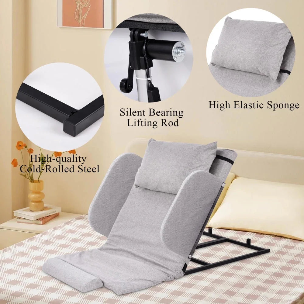 Electric Lifting Backrest for Bed, Folding Adjustable Multi-Function Neck Head and Lumbar Back Support for Elder, Electric Lifting Backrest Pillow with Electric Pump System (Gray with Armrest)