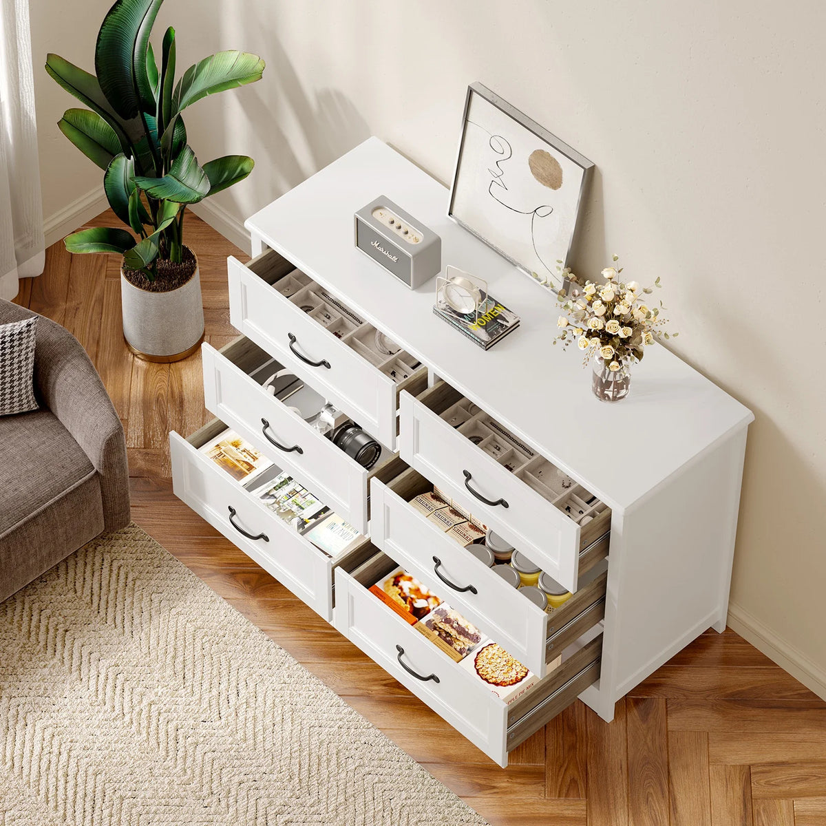 6 Drawer White Dresser,Lofka Modern Wood Double Chest, Versatile Dressers for Bedroom Office Living Room