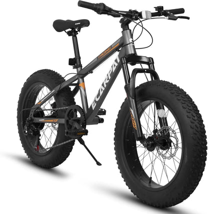 20 Inch Mountain Bike for 7-15 Years Old, 7 Speed Kids Bike with High Carbon Steel Frame, Fat Tire and Dual Disc Brake, Front Suspension Mountain Bicycle Gift for Boys Girls, Grey-Orange