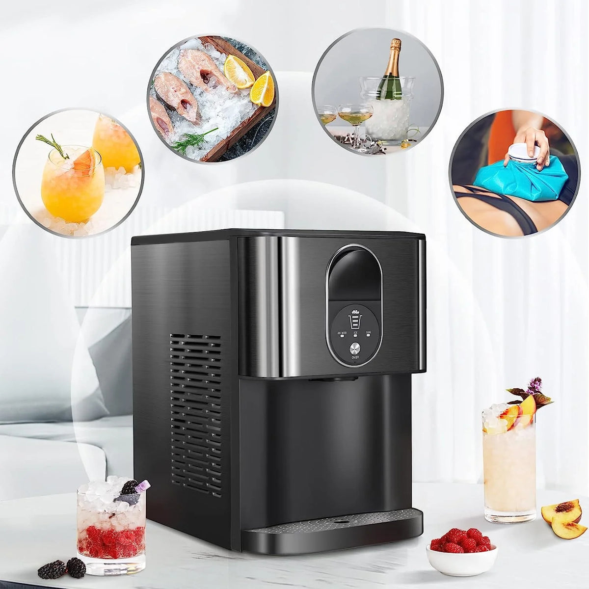 Auseo Soft Chewable Nugget Ice Maker Countertop, 44lbs /24H, Self-Cleaning, One-Button Operation, Home/Kitchen/Office/Party, Silver
