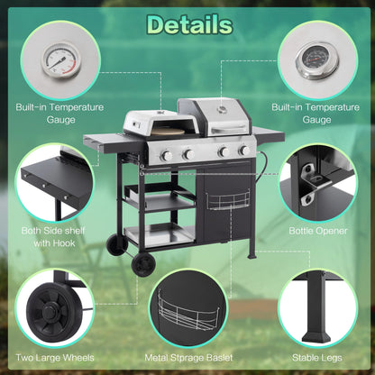 4-Burner BBQ Grill W/Side Burner, 50,000BTU Gas Propane Grill Portable with Storage Cabinet, Heavy-Duty Stainless Steel Outdoor Cooking, with Tank Hook, Towel Rack, Steel Brush