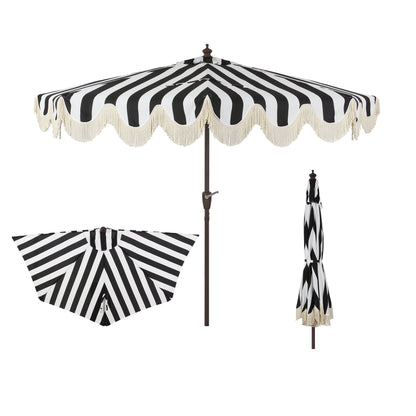JONATHAN Y Beverly 9 ft. Half Market Patio Umbrella, Designer Classic Scalloped Fringe with Crank, Tilt Button and UV Protection, Blue/White/Cream, Dark Brown Pole