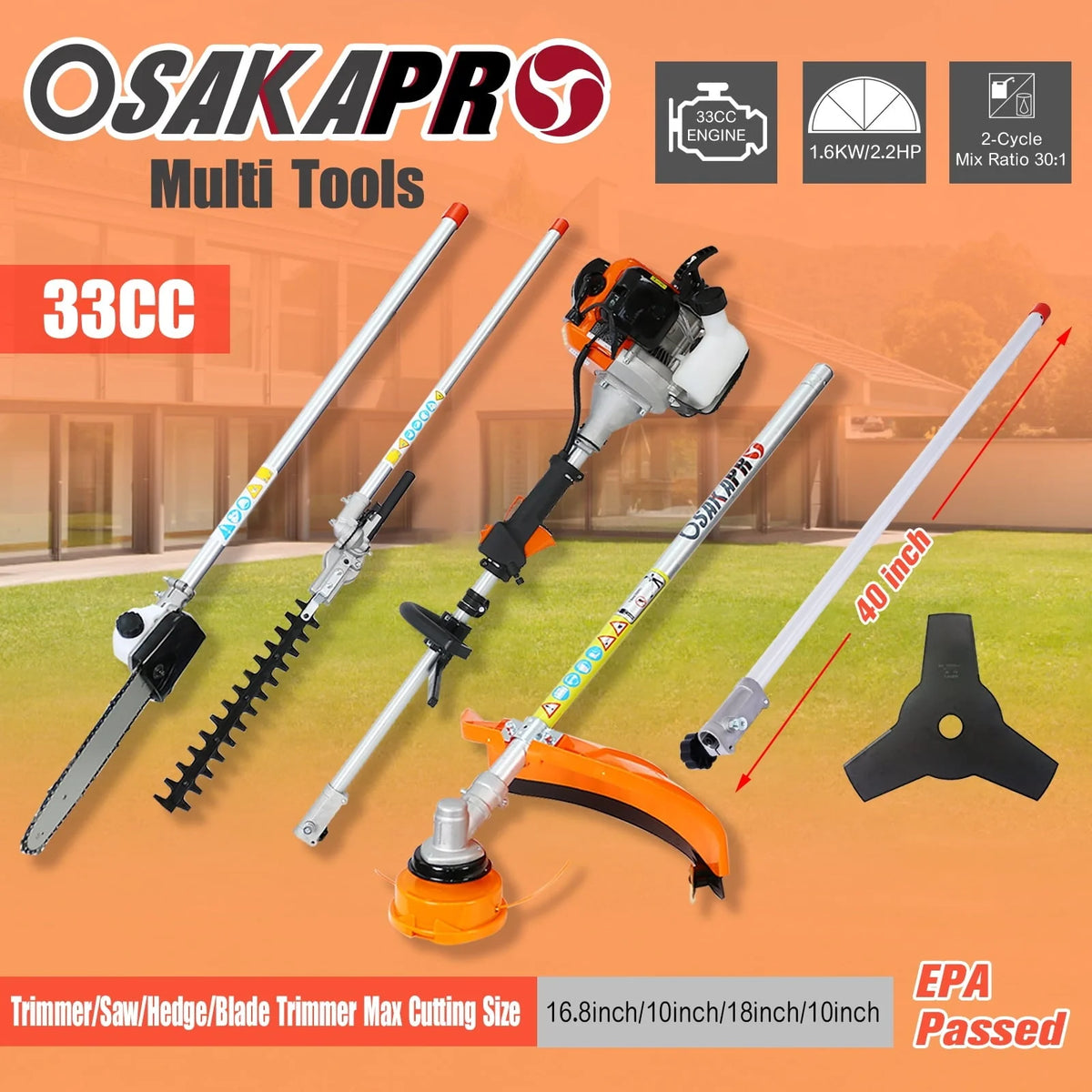 Docooler 10 in 1 Multi-Functional  Tool, 33CC 2-Cycle Garden Tool System with Gas Pole Saw, Hedge Trimmer, Grass Trimmer, and Brush  EPA Compliant