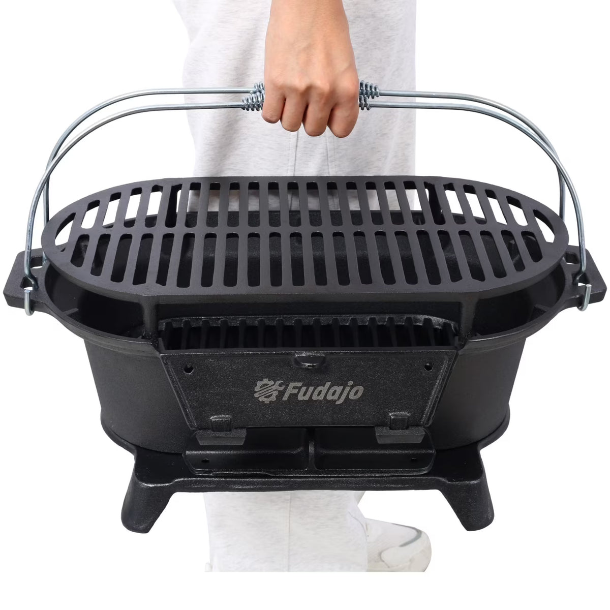Hibachi Grill, 16" Portable Cast Iron Outdoor Tabletop Grill, Handled Mini Japanese BBQ Charcoal Stove, Small Durable Camping Cast Iron Grill with Grate Hook