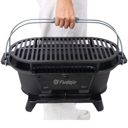 Hibachi Grill, 16" Portable Cast Iron Outdoor Tabletop Grill, Handled Mini Japanese BBQ Charcoal Stove, Small Durable Camping Cast Iron Grill with Grate Hook